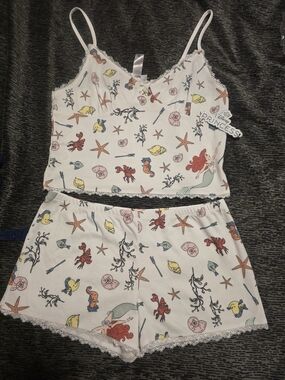 Forever 21-Disney Ariel Mermaid Pajama Set - White with Multicolor Sea Print, L